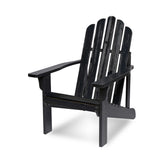A black slatted Adirondack-style outdoor chair shown at a three-quarter angle on a clean white background. 