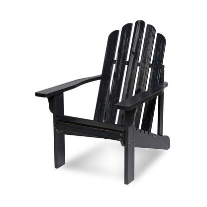 A black slatted Adirondack-style outdoor chair shown at a three-quarter angle on a clean white background. 