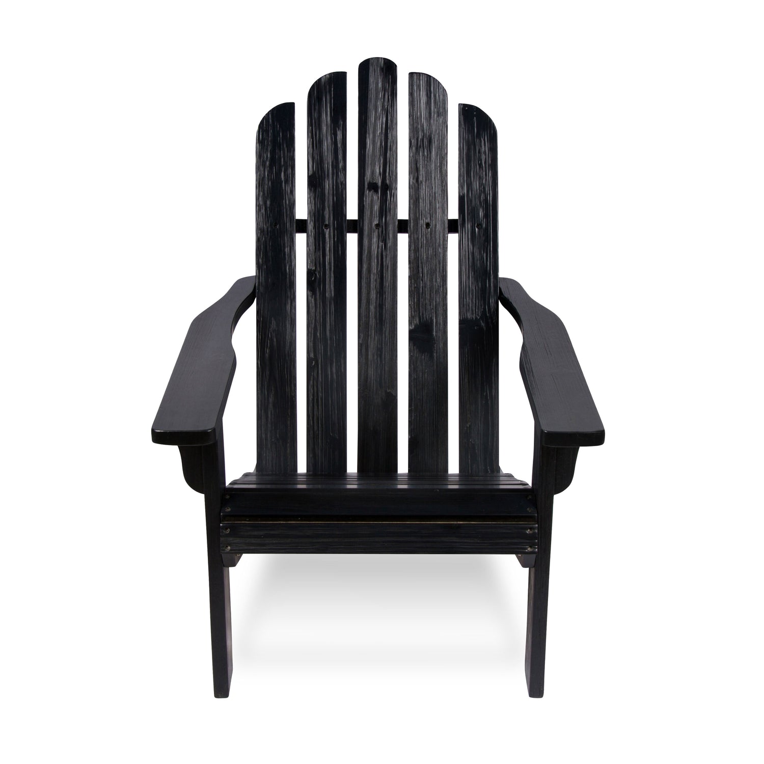 A black distressed wood Adirondack chair shown from the front against a plain white background. 
