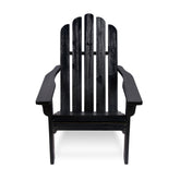 A black distressed wood Adirondack chair shown from the front against a plain white background. 