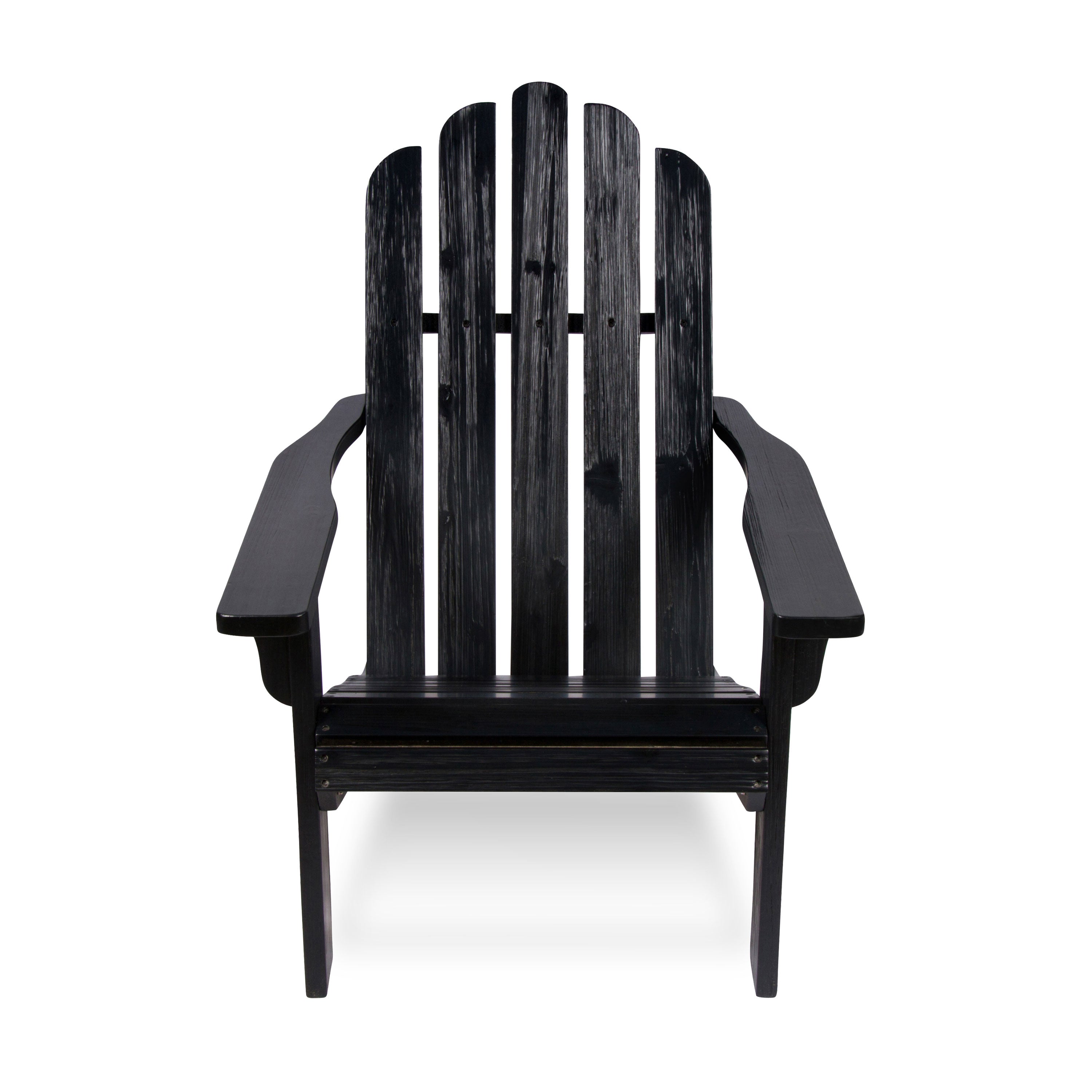 A black distressed wood Adirondack chair shown from the front against a plain white background. 