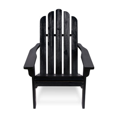 A black distressed wood Adirondack chair shown from the front against a plain white background. 