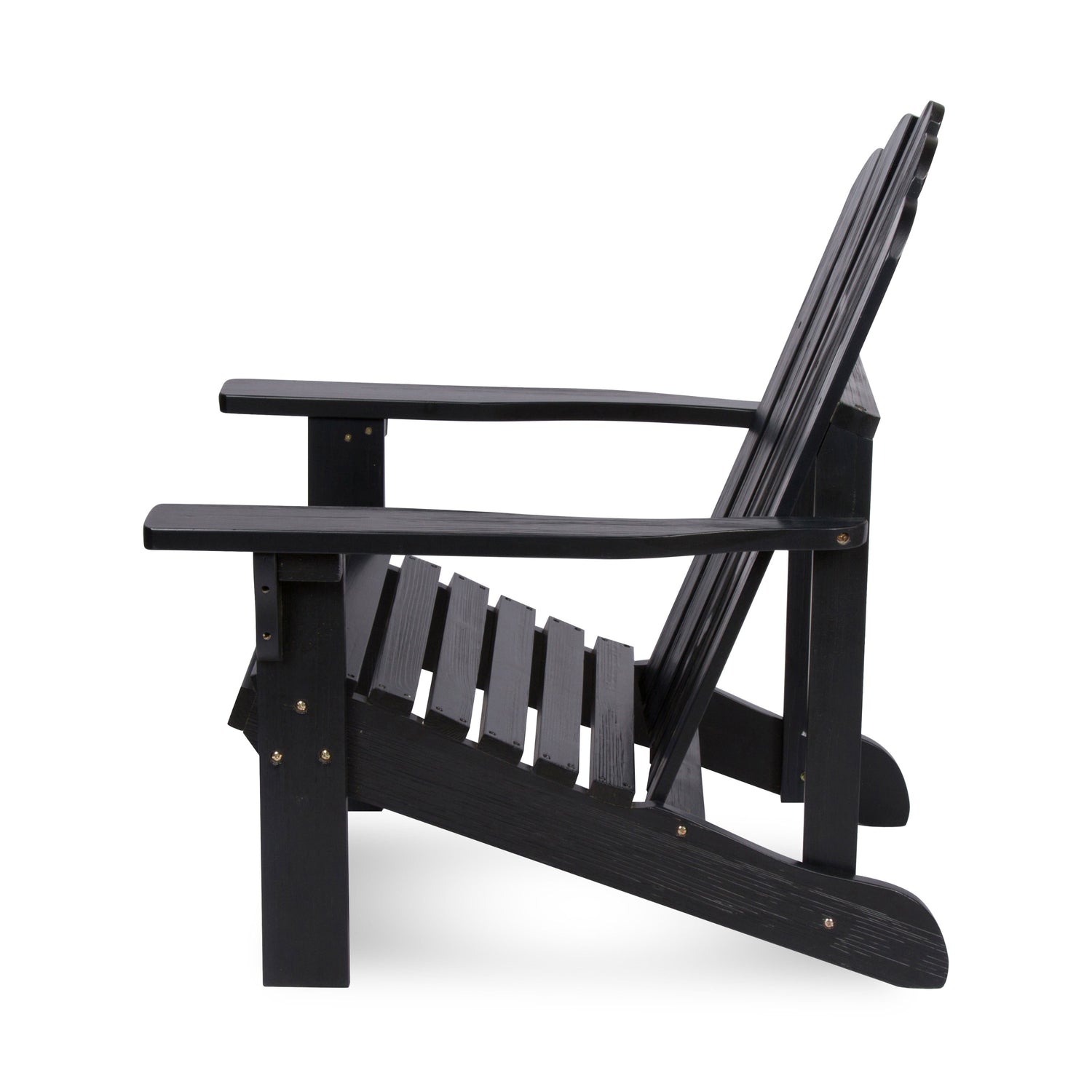 A black wooden Adirondack chair shown from a side profile view against a solid white background. 