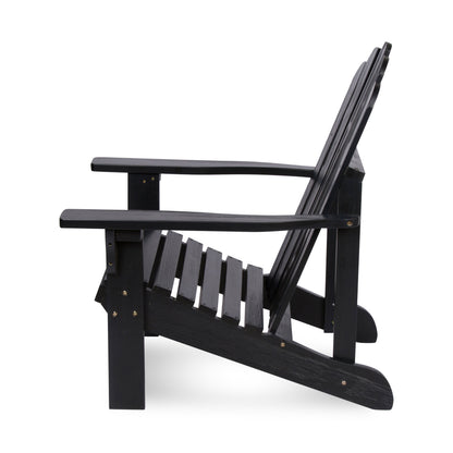 A black wooden Adirondack chair shown from a side profile view against a solid white background. 