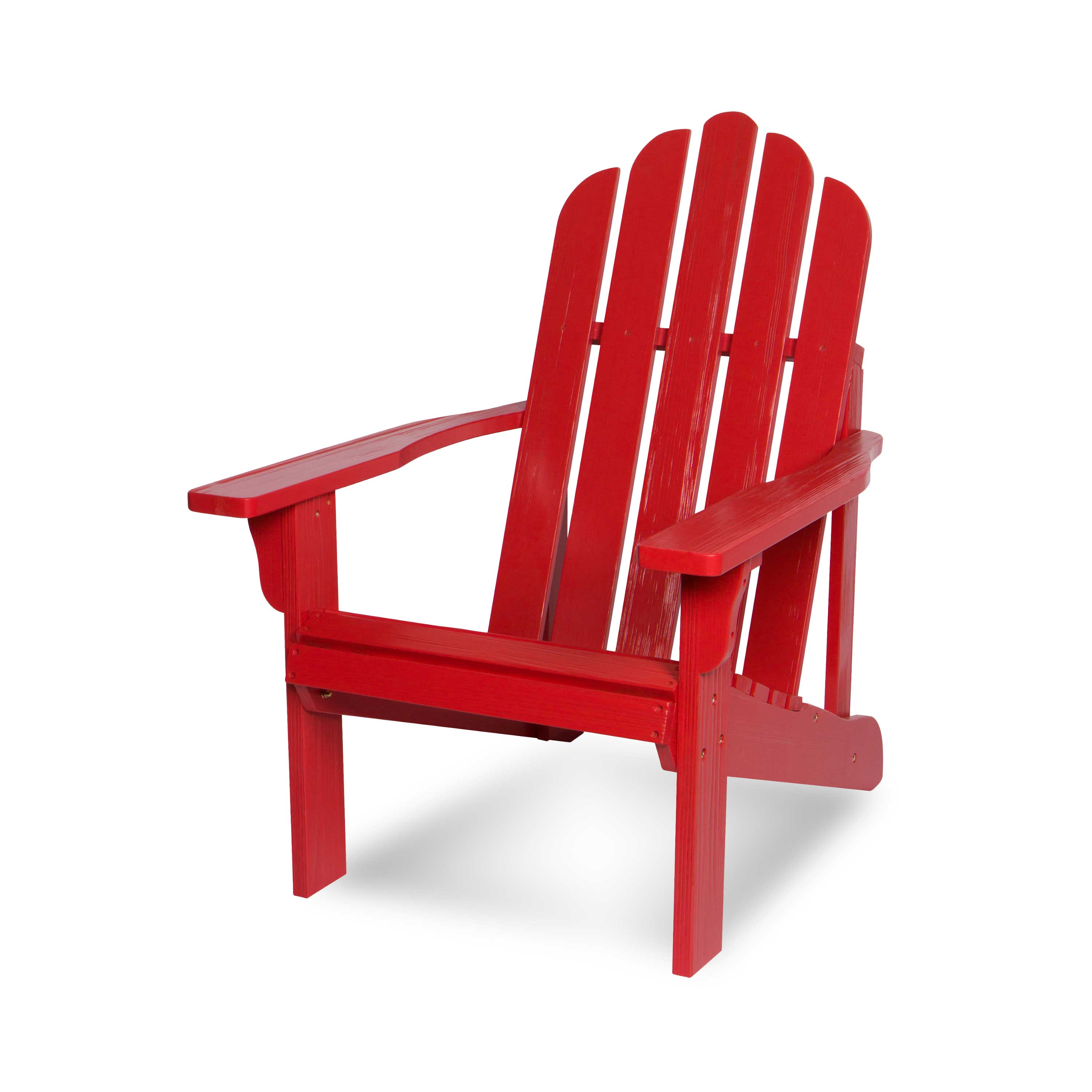 A bright red Adirondack-style outdoor chair with a high slatted back and wide armrests, shown on a clean white background. 