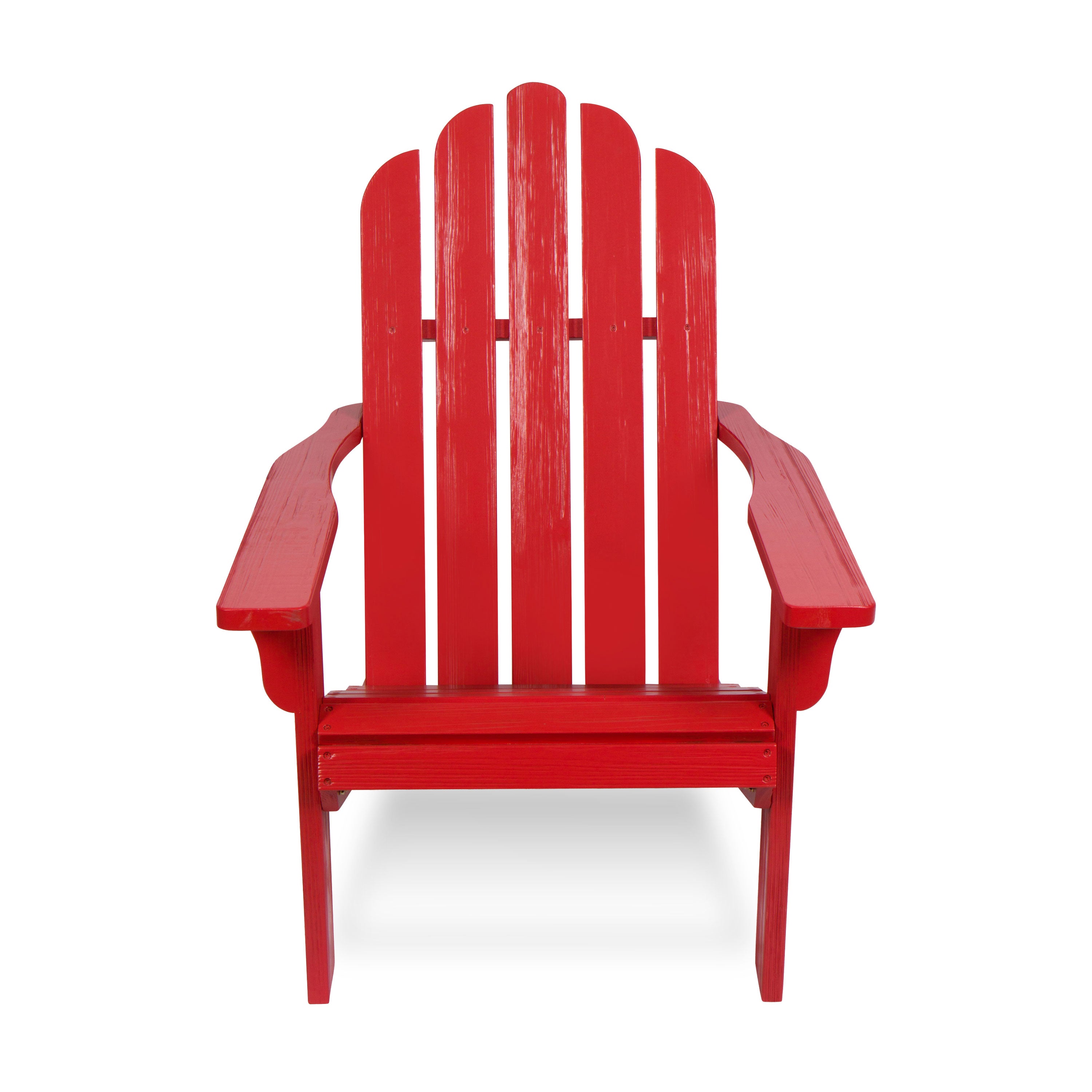 A bright red wooden Adirondack chair with a high slatted back and wide armrests, shown from the front on a plain white background. 