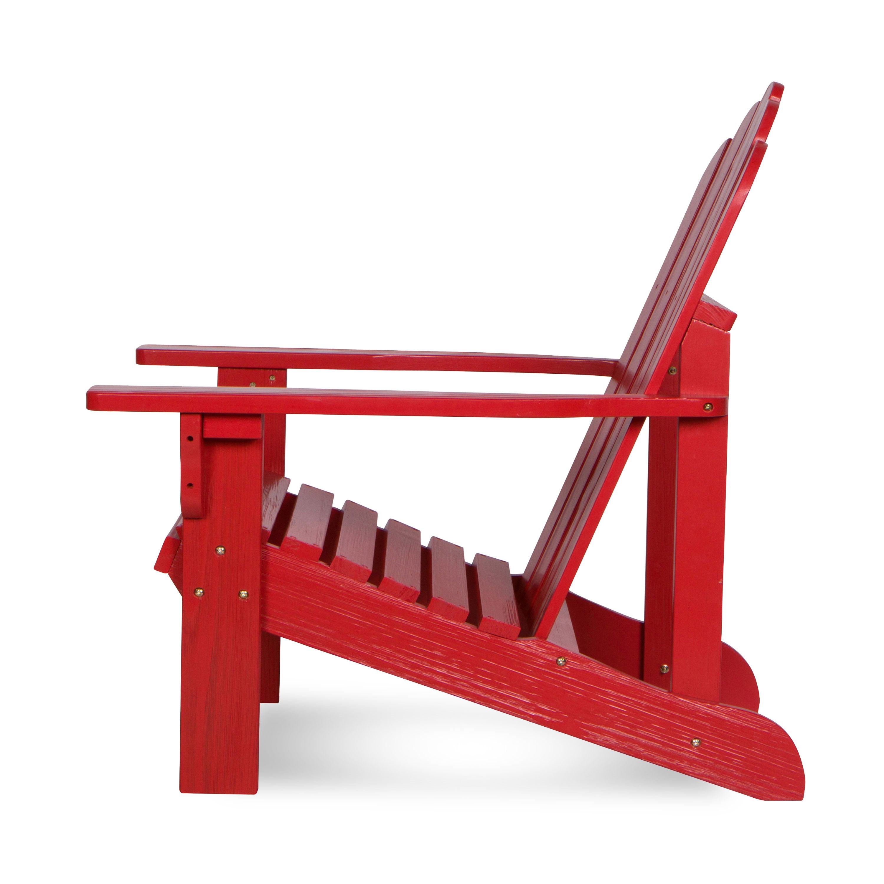 A bright red wooden Adirondack chair shown from a side profile view against a clean white background. 