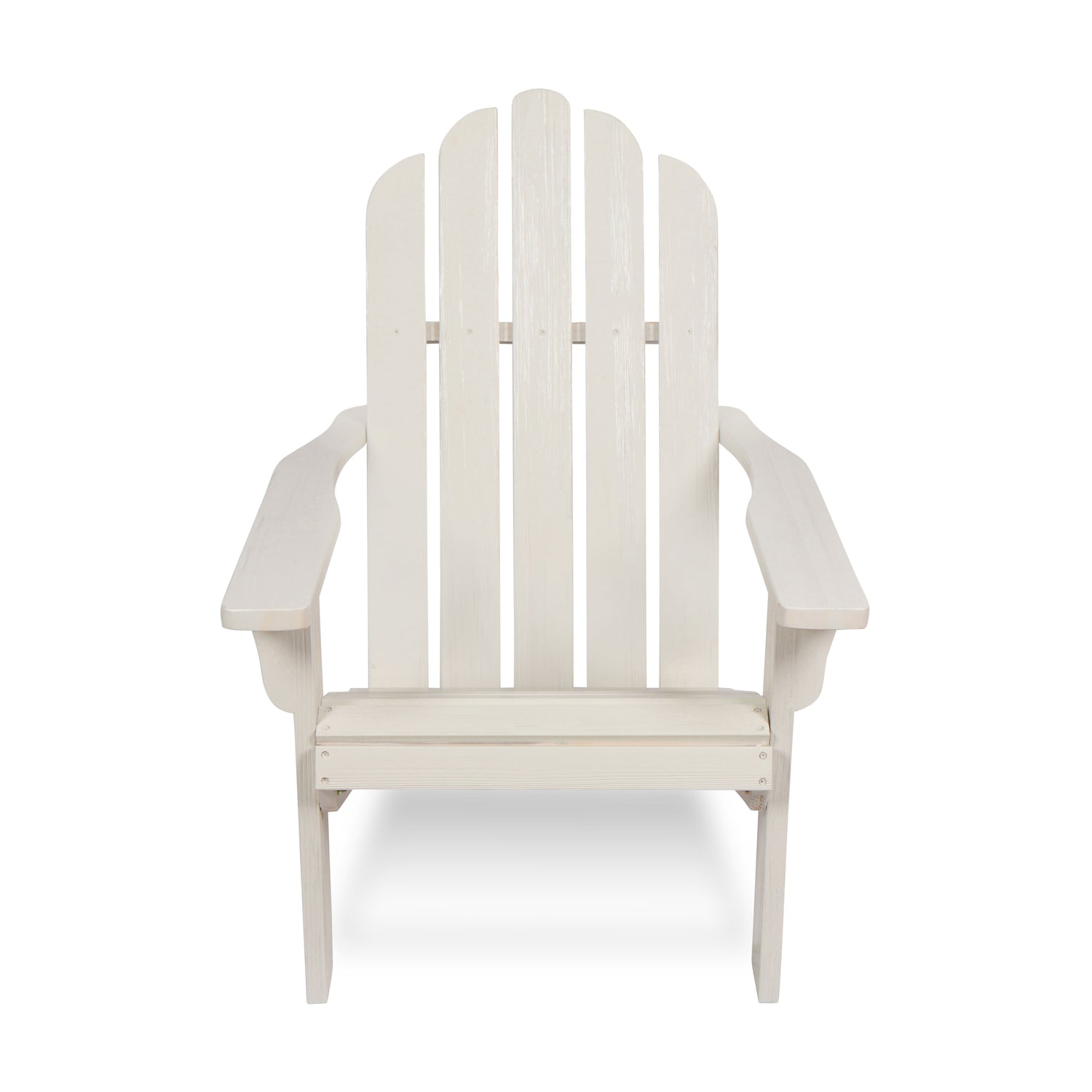 A white Adirondack-style outdoor chair with a high slatted back, wide armrests, and a seat, shown against a plain white background. 