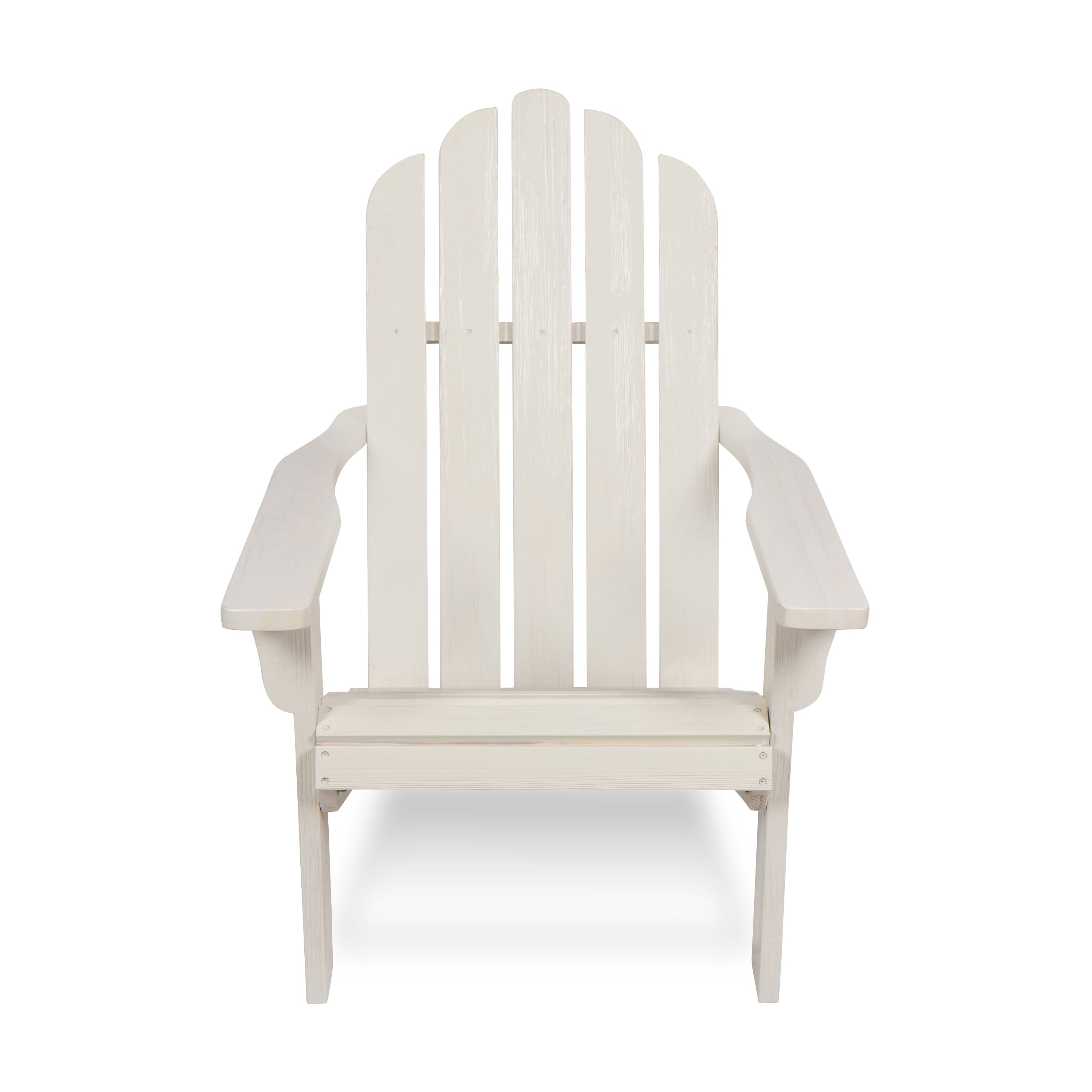 A white Adirondack-style outdoor chair with a high slatted back, wide armrests, and a seat, shown against a plain white background. 
