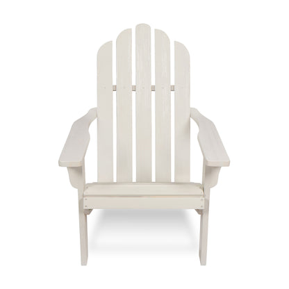 A white Adirondack-style outdoor chair with a high slatted back, wide armrests, and a seat, shown against a plain white background. 