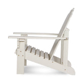 A white slatted outdoor Adirondack chair shown from a side profile view against a clean white background. 