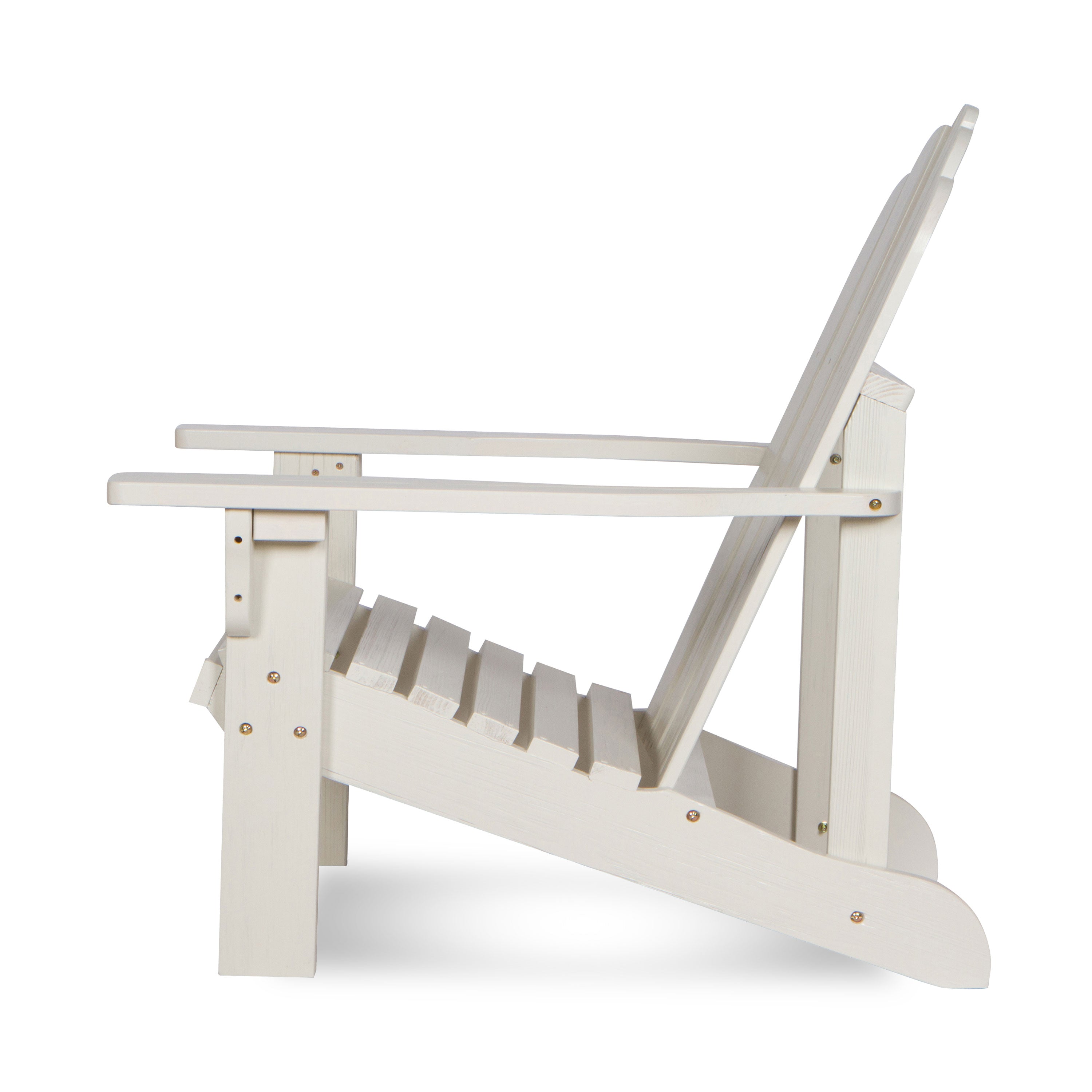 A white slatted outdoor Adirondack chair shown from a side profile view against a clean white background. 