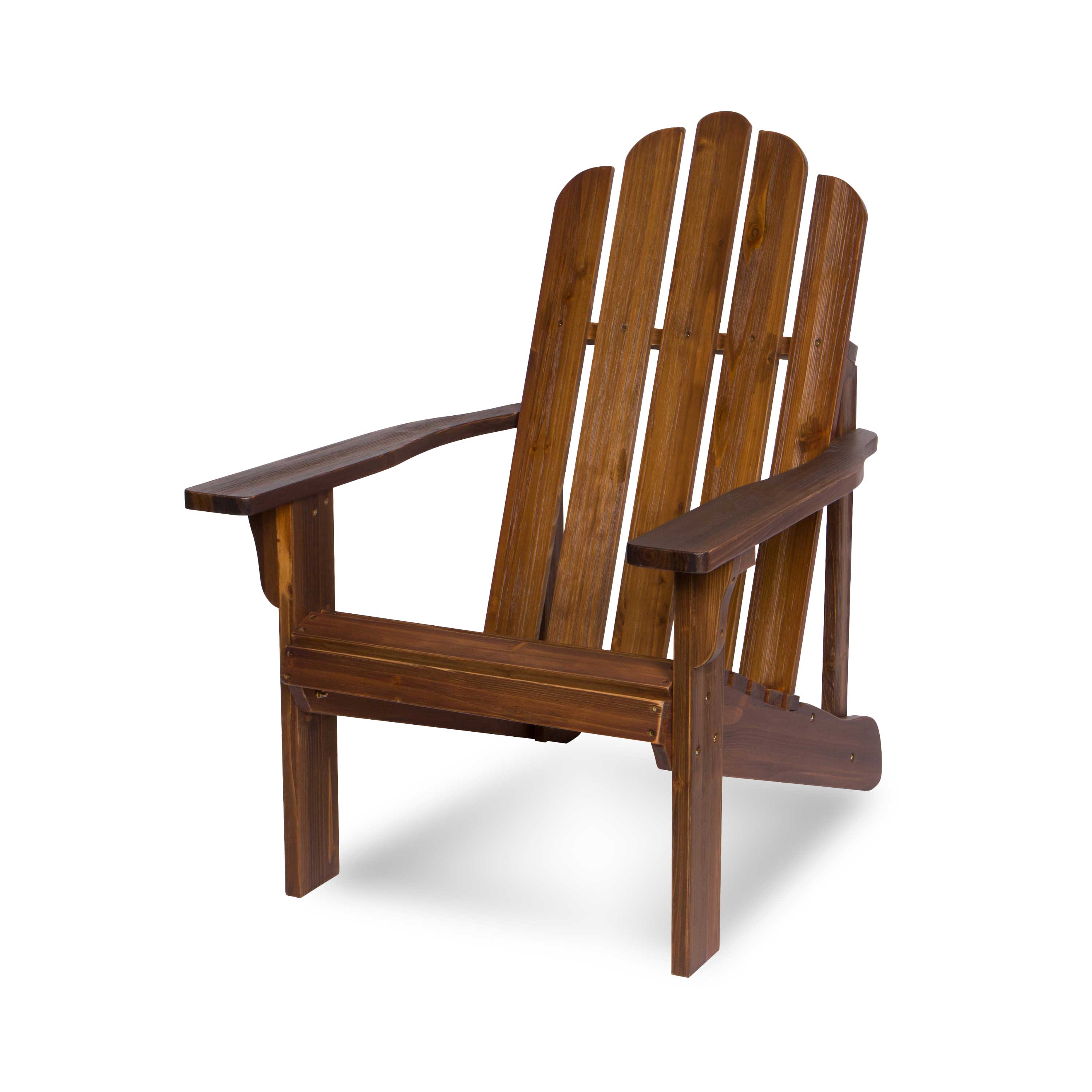 A classic wooden Adirondack chair in a warm brown finish, shown from a three-quarter angle against a plain white background. 