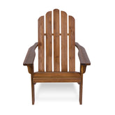 A classic wooden Adirondack chair with a warm medium-brown finish, featuring a curved slatted backrest, wide armrests, and a slatted seat, shown against a plain white background. 