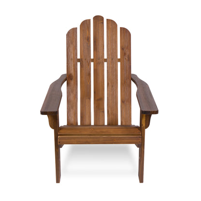 A classic wooden Adirondack chair with a warm medium-brown finish, featuring a curved slatted backrest, wide armrests, and a slatted seat, shown against a plain white background. 