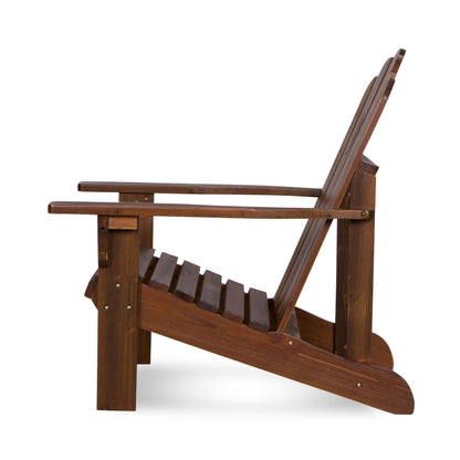 A dark brown wooden Adirondack chair shown from a side profile view against a solid white background. 