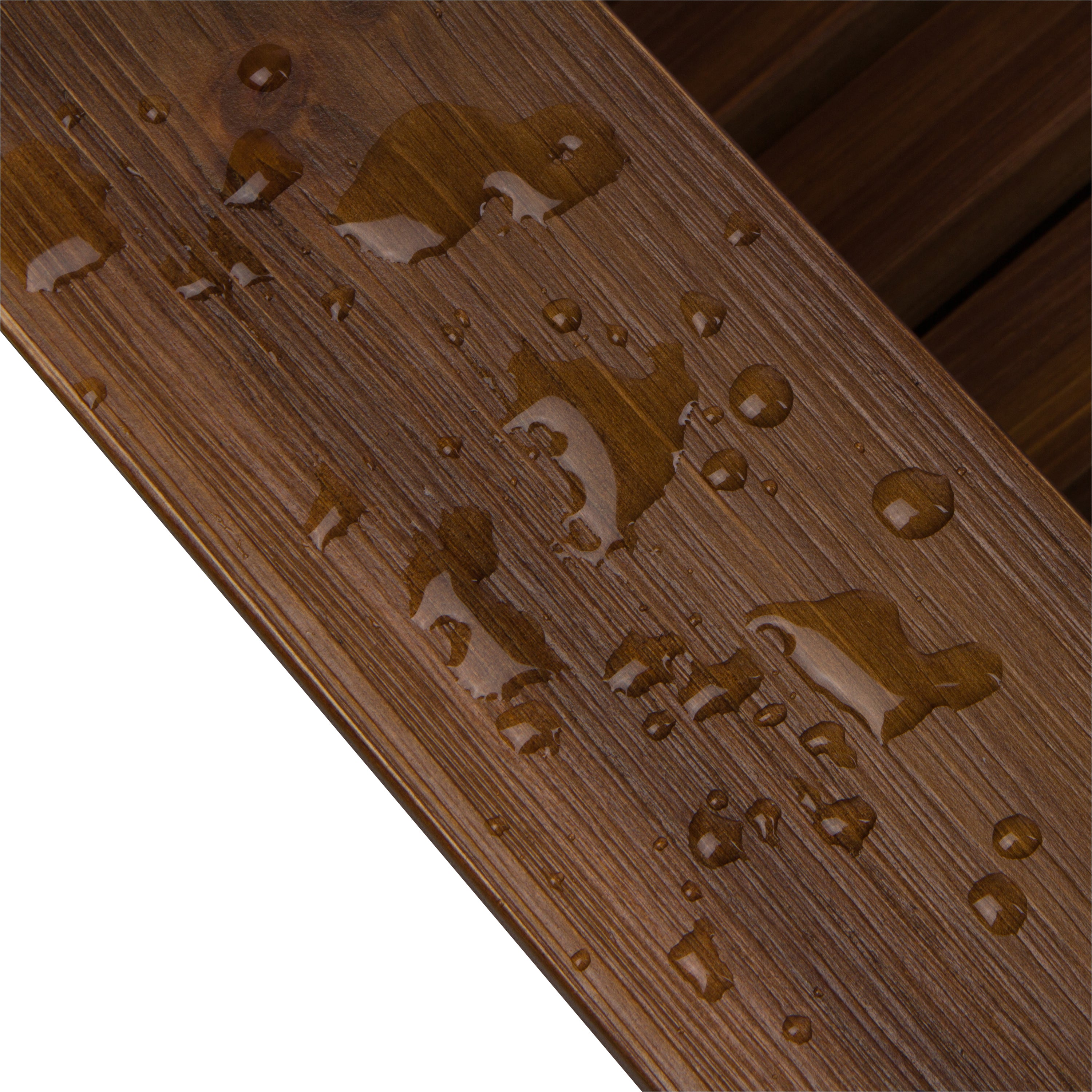 Wooden Adirondack armrest surface with water droplets showcasing the water-resistant finish.  