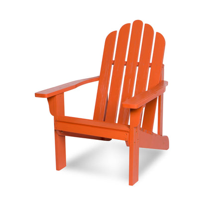 An orange Adirondack-style outdoor chair with a high slatted back, wide armrests, and angled legs, shown on a clean white background. 