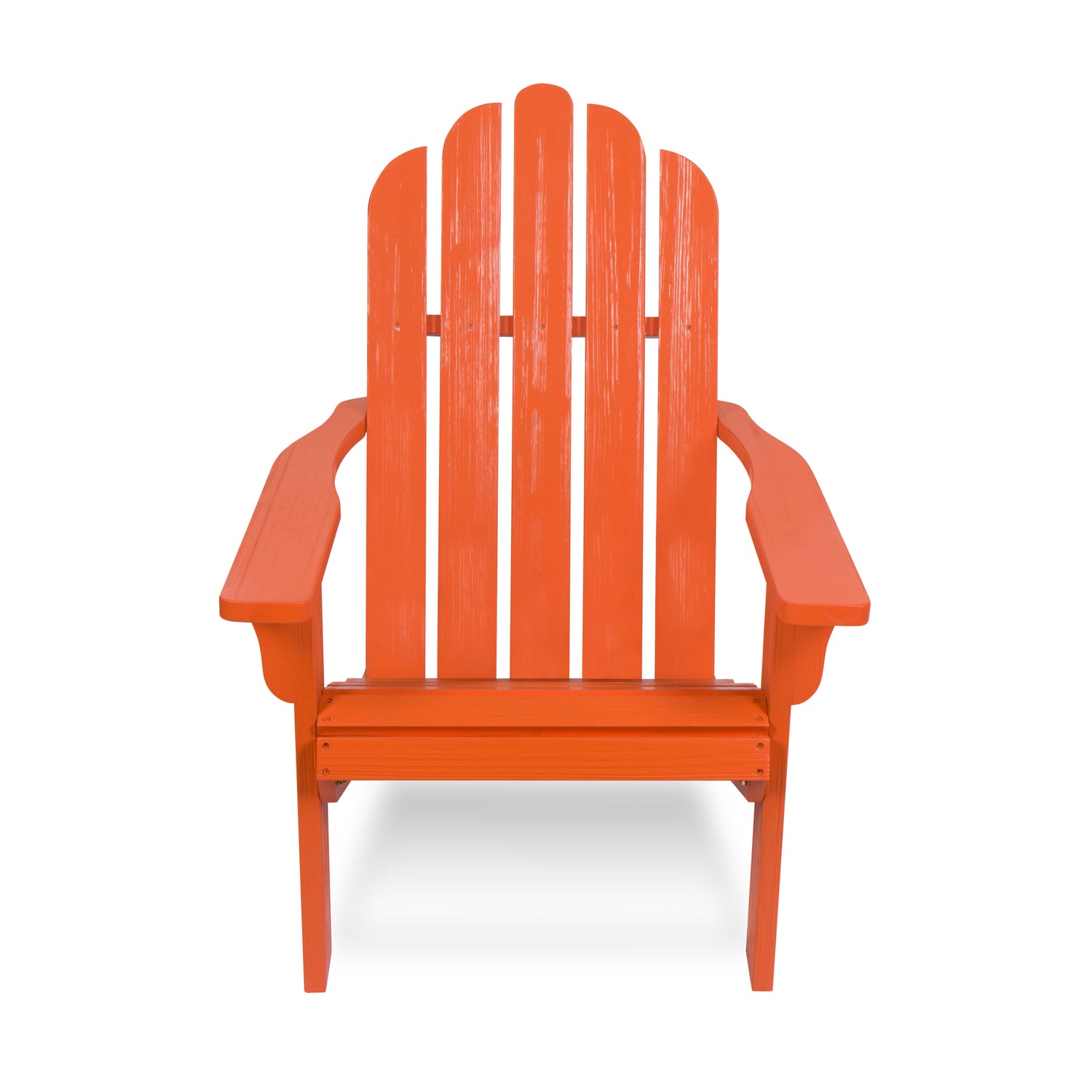 An orange-red Adirondack chair with a high slatted back and wide armrests, shown from the front on a plain white background. 