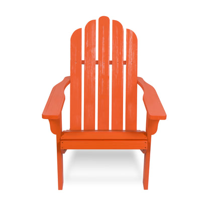 An orange-red Adirondack chair with a high slatted back and wide armrests, shown from the front on a plain white background. 