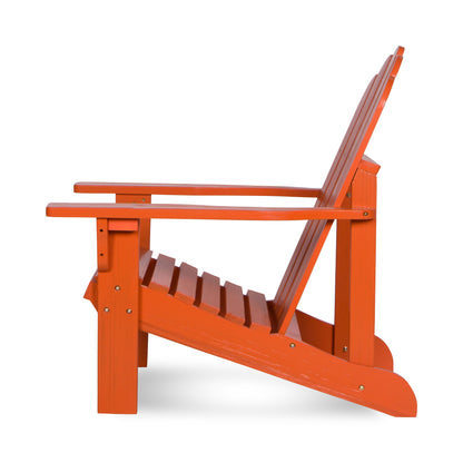An orange-red wooden Adirondack chair shown from a side profile view against a plain white background. 