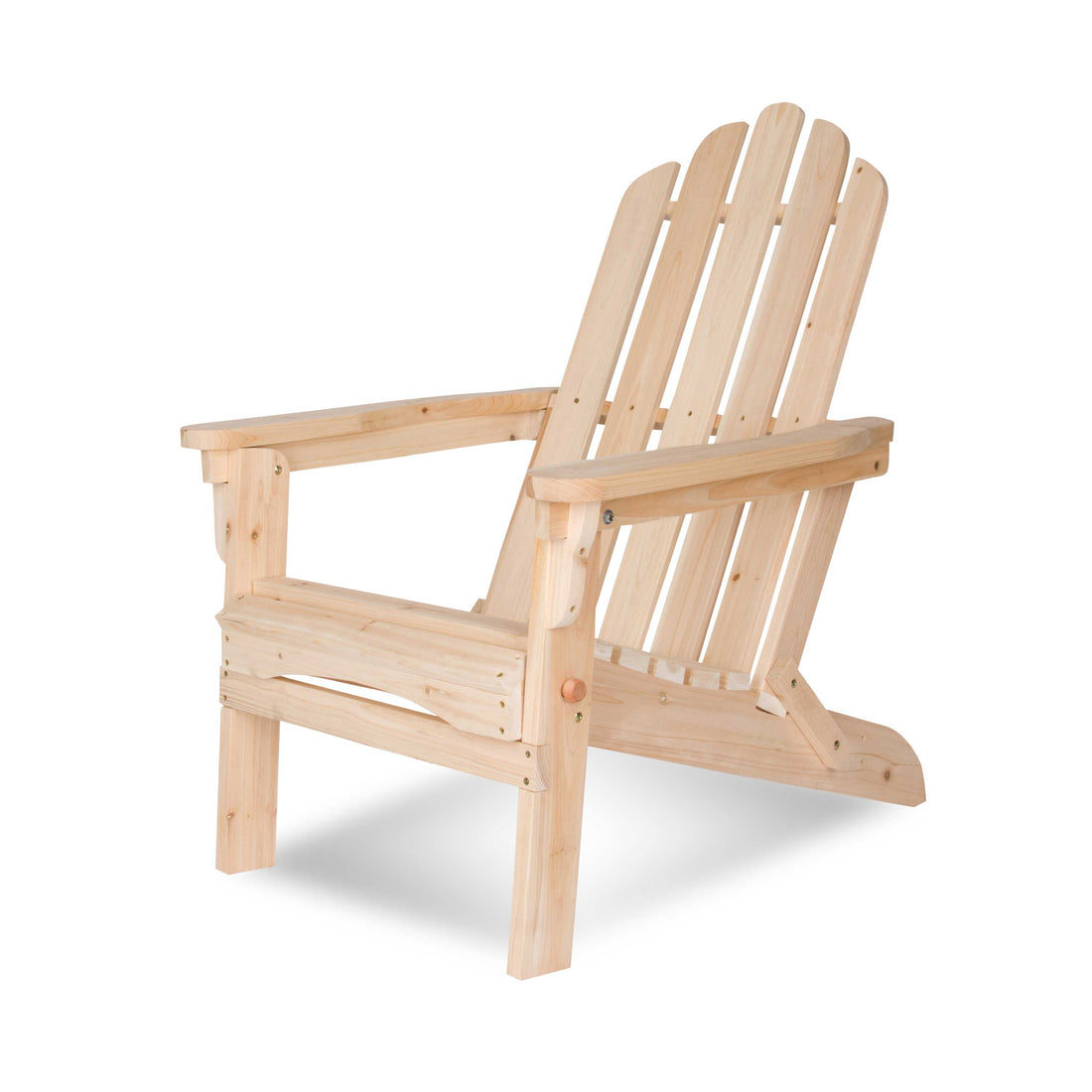 A natural light wood Adirondack chair shown from a three-quarter angle on a clean white background.  