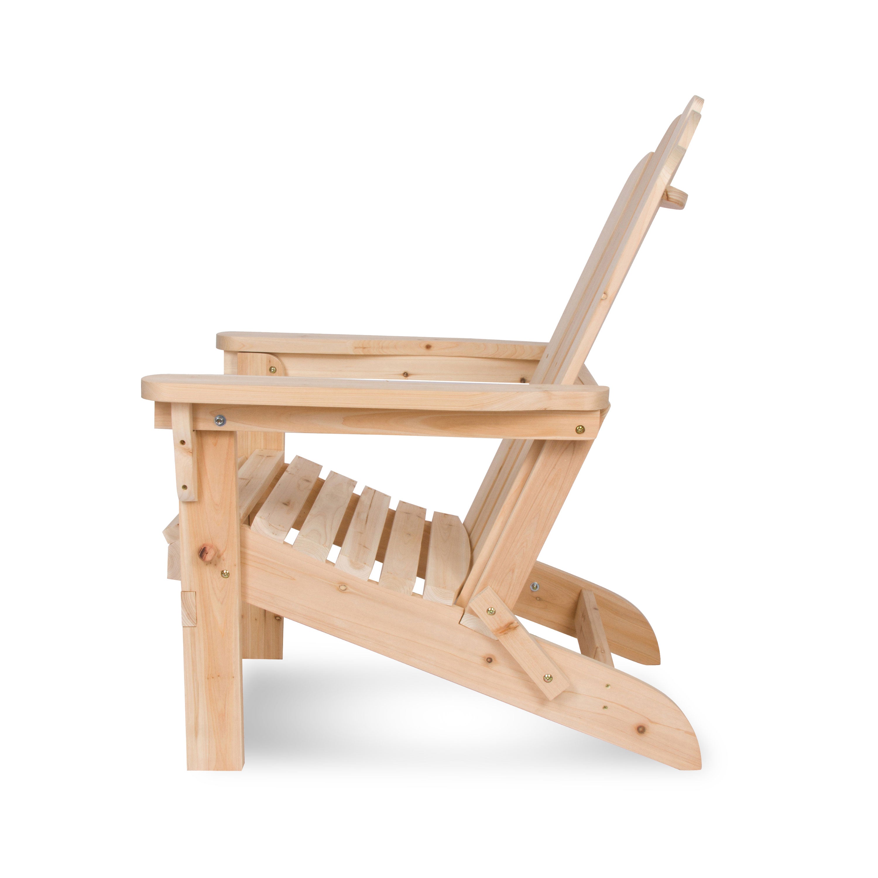 A light natural wood Adirondack chair shown from a side profile view against a plain white background.  