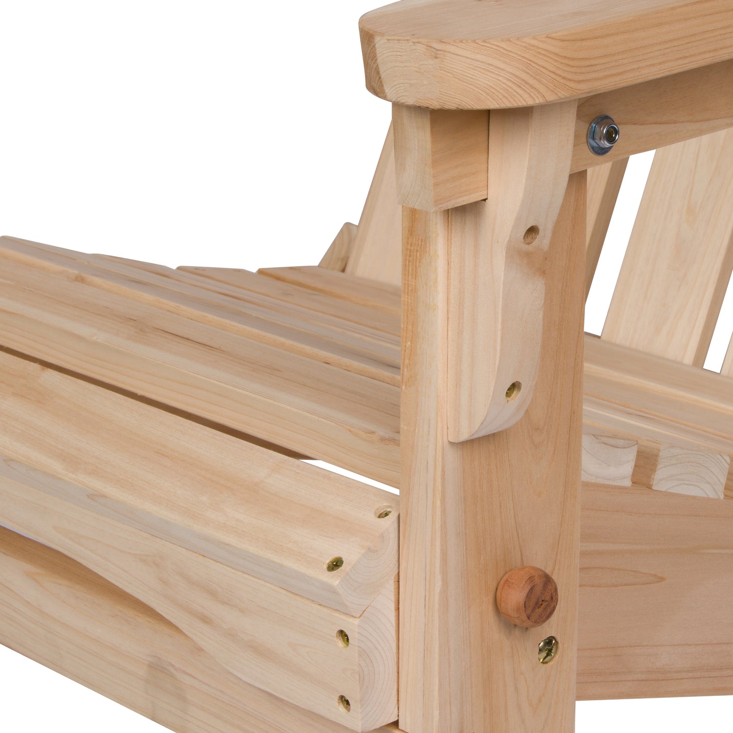 Close-up of a light natural wood Adirondack chair showing the slatted seat, armrest, leg brace, and visible screws and round wooden dowel details against a white background.  