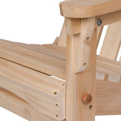 Close-up of a light natural wood Adirondack chair showing the slatted seat, armrest, leg brace, and visible screws and round wooden dowel details against a white background.  