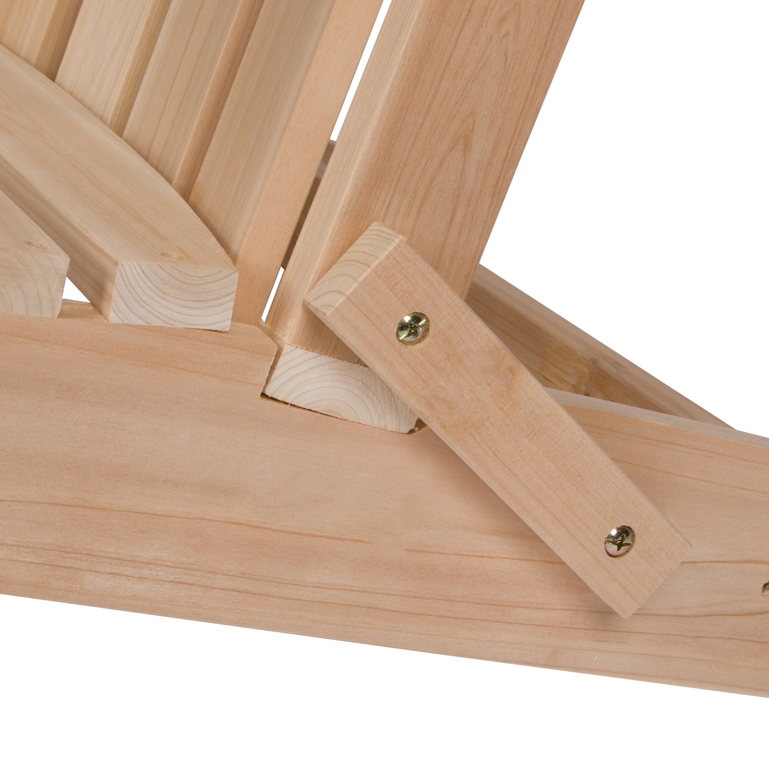 Close-up of a light natural wood chair or bench frame showing the slatted back, support post, and angled leg brace secured with screws on a white background.  