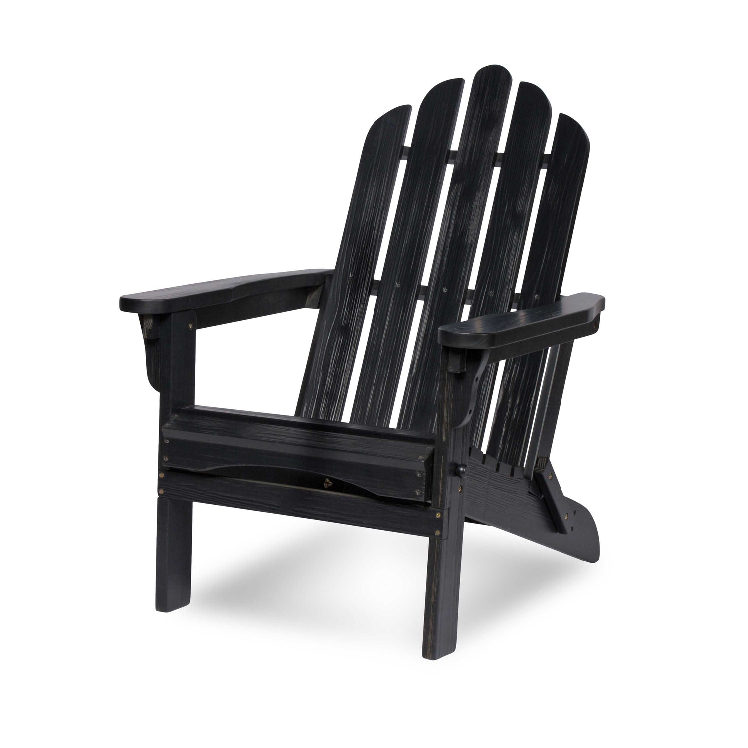 A black outdoor Adirondack chair with a high slatted back and wide armrests, shown on a clean white background. 
