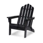 A black outdoor Adirondack chair with a high slatted back and wide armrests, shown on a clean white background. 