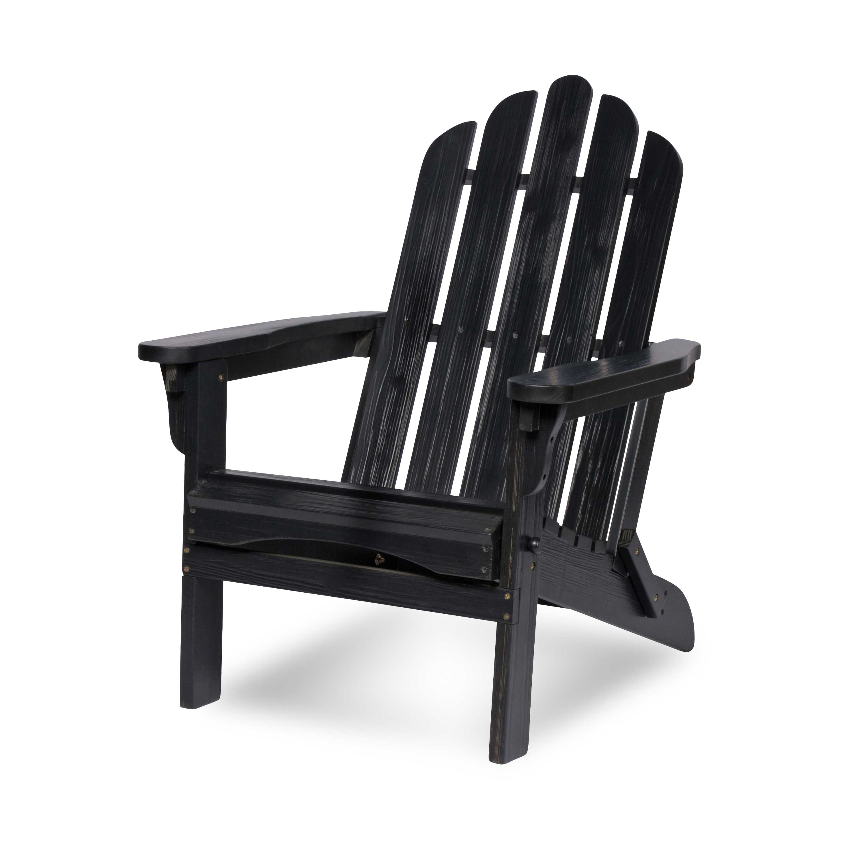 A black outdoor Adirondack chair with a high slatted back and wide armrests, shown on a clean white background. 