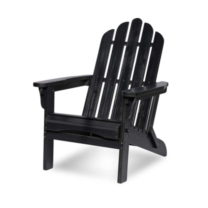 A black outdoor Adirondack chair with a high slatted back and wide armrests, shown on a clean white background. 