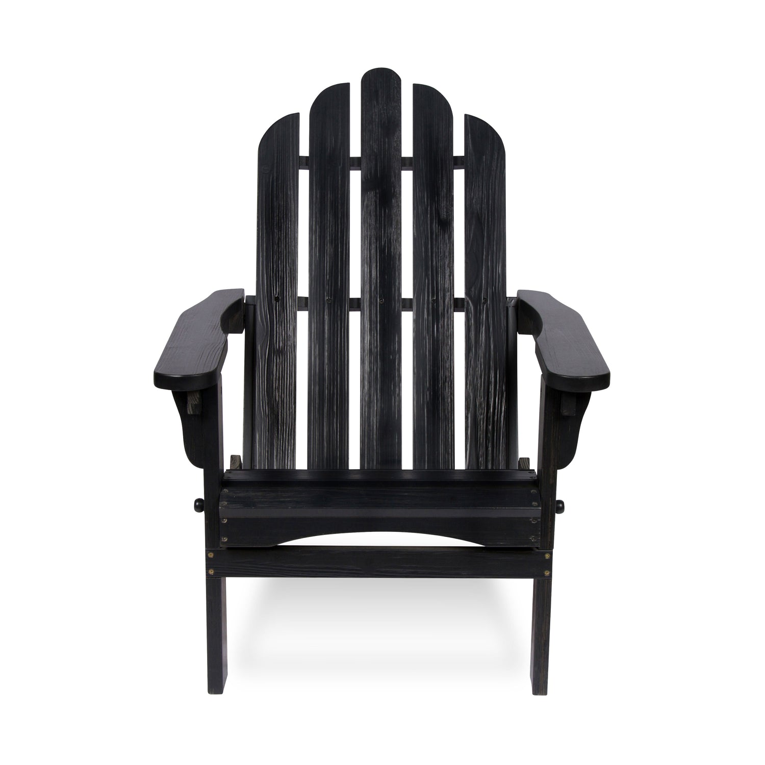 A black outdoor Adirondack chair with a slatted back and wide armrests, shown from the front on a plain white background.  