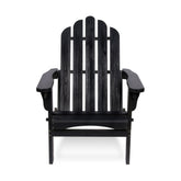 A black outdoor Adirondack chair with a slatted back and wide armrests, shown from the front on a plain white background.  