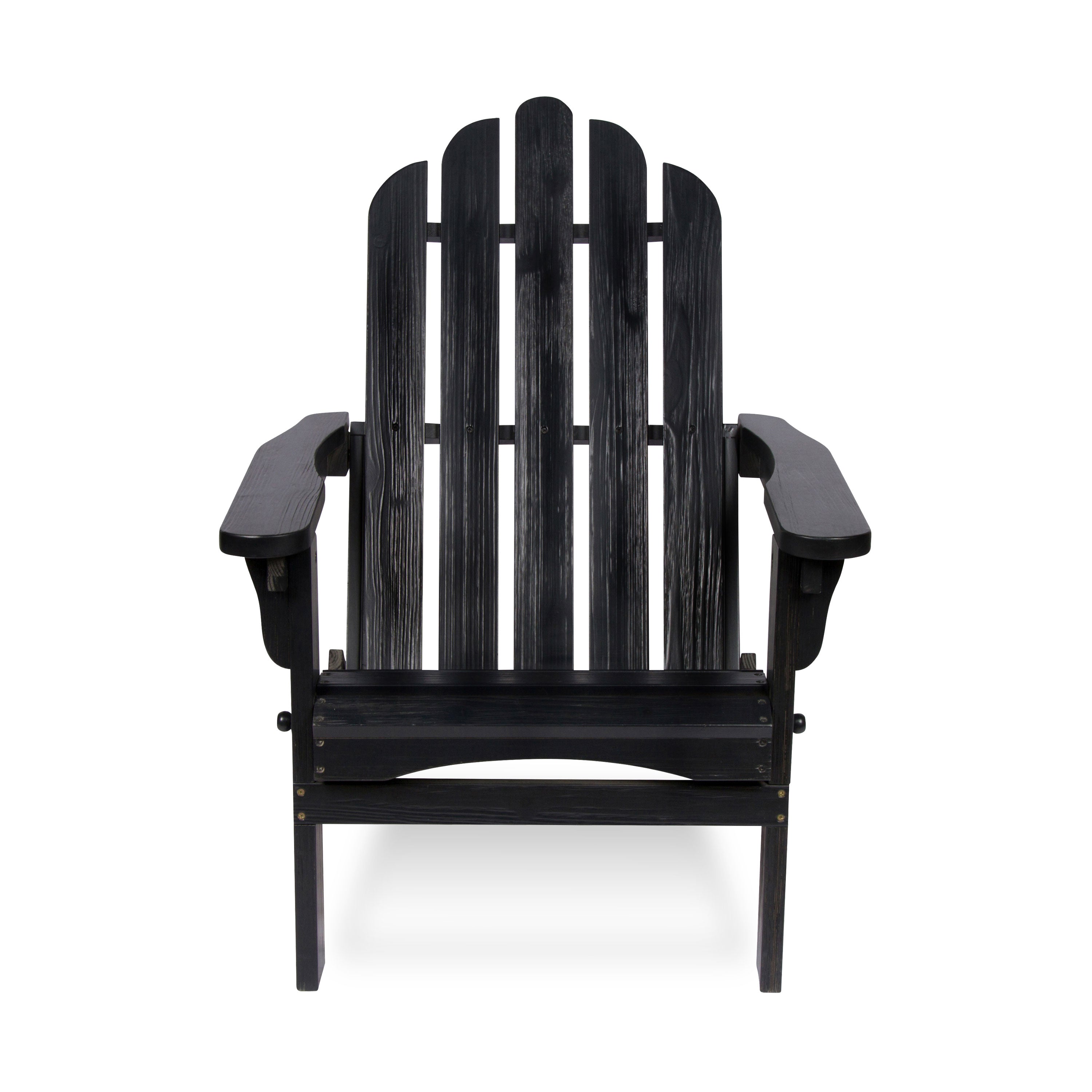 A black outdoor Adirondack chair with a slatted back and wide armrests, shown from the front on a plain white background.  