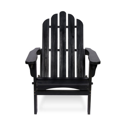 A black outdoor Adirondack chair with a slatted back and wide armrests, shown from the front on a plain white background.  