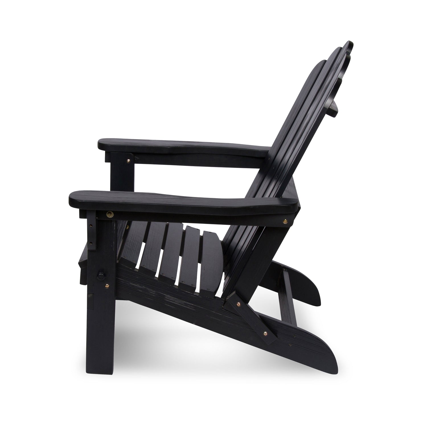 A black outdoor Adirondack chair shown from a side profile view against a solid white background.  