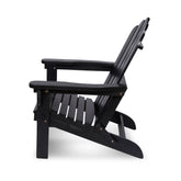 A black outdoor Adirondack chair shown from a side profile view against a solid white background.  