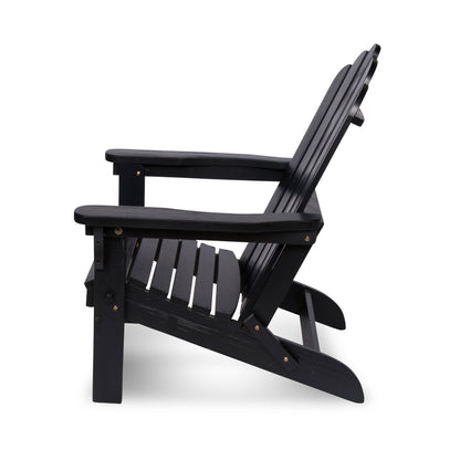 A black outdoor Adirondack chair shown from a side profile view against a solid white background.  