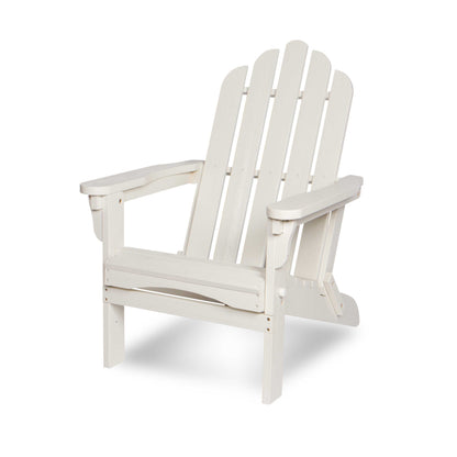 A white slatted Adirondack-style outdoor chair shown at a three-quarter angle on a clean white background. 