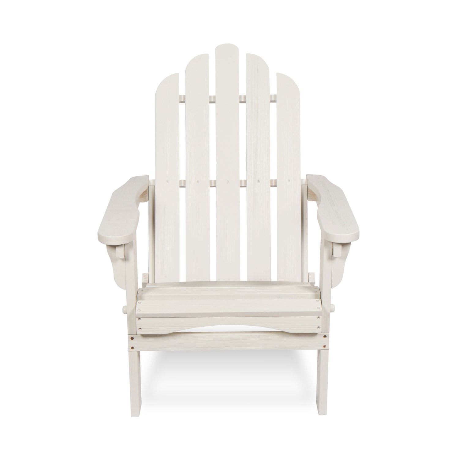 A white Adirondack-style outdoor armchair with a slatted back and wide armrests, shown from the front on a plain white background. 