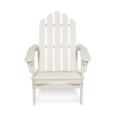 A white Adirondack-style outdoor armchair with a slatted back and wide armrests, shown from the front on a plain white background. 