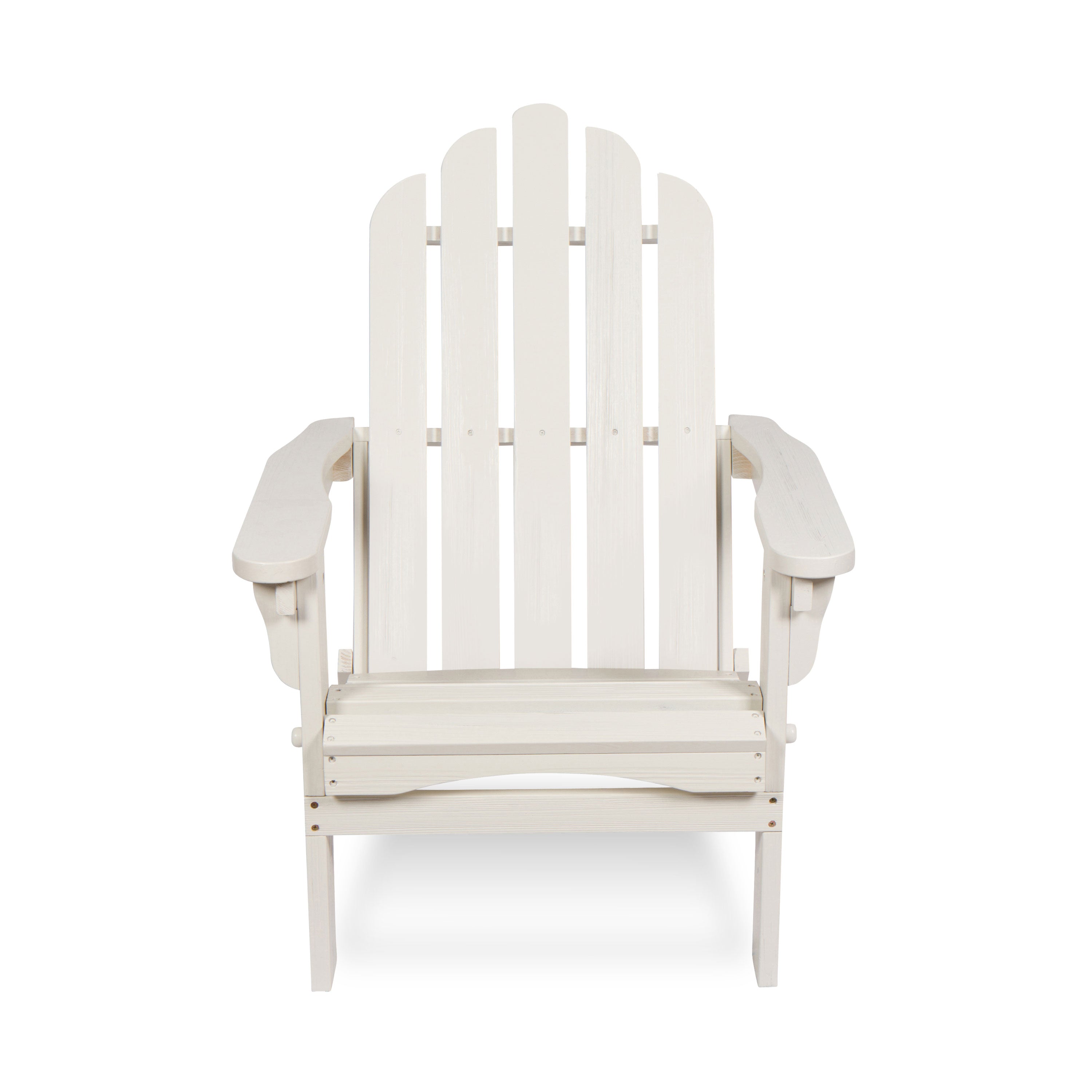 A white Adirondack-style outdoor armchair with a slatted back and wide armrests, shown from the front on a plain white background. 