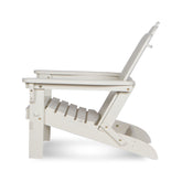 A white outdoor Adirondack chair shown from a side profile view against a clean white background. 