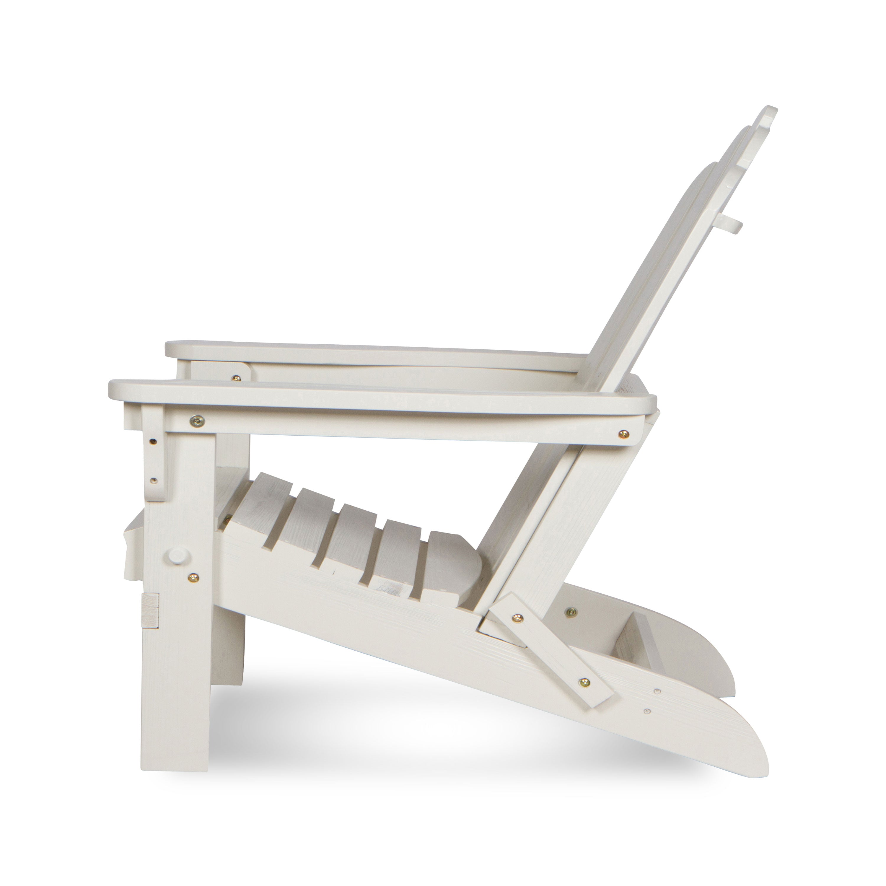 A white outdoor Adirondack chair shown from a side profile view against a clean white background. 
