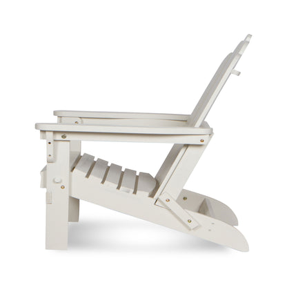 A white outdoor Adirondack chair shown from a side profile view against a clean white background. 