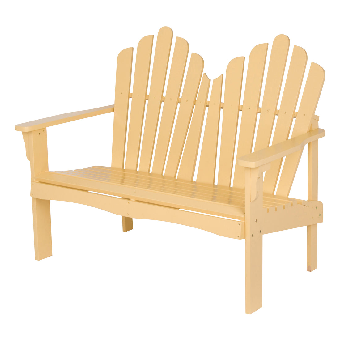 A light pastel yellow wood Adirondack-style bench with a tall slatted backrest and wide armrests, shown on a plain white background.