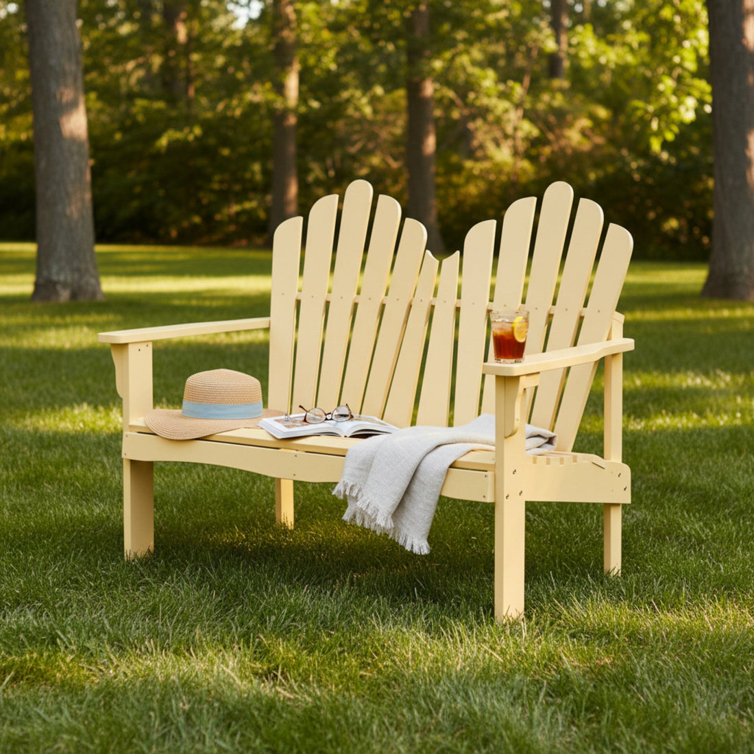 A light pastel yellow wood Adirondack-style outdoor bench on a grassy lawn with trees in the background. A white throw blanket, a straw hat, sunglasses, and a drink in a glass are placed on the bench. 